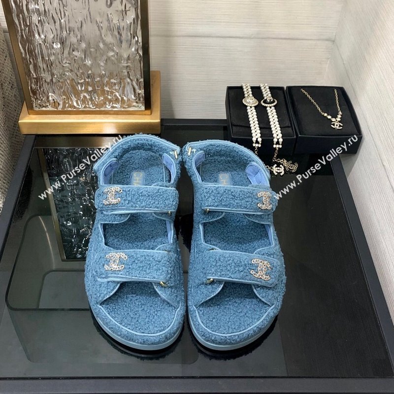 Chanel Fur Flat Strap Sandals with Chain CC Light Blue 2024 CH091009 (MD-240910044)