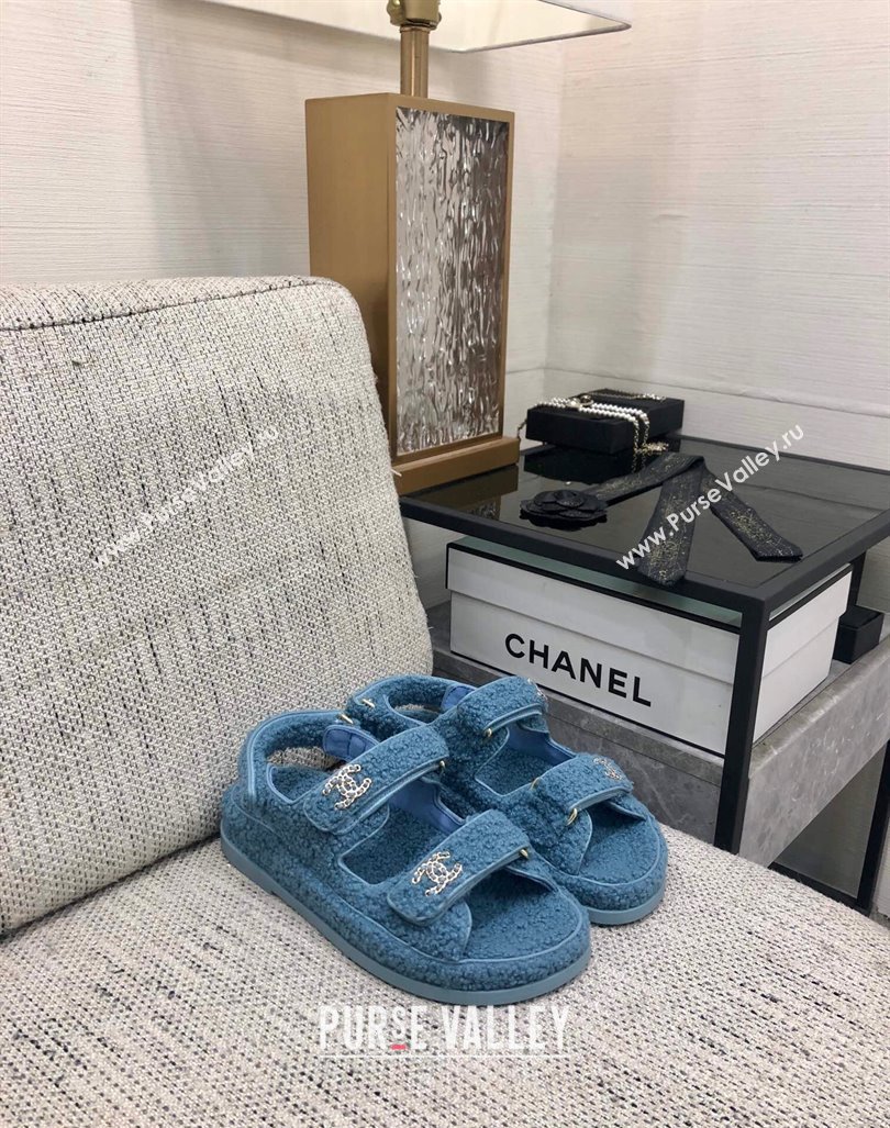 Chanel Fur Flat Strap Sandals with Chain CC Light Blue 2024 CH091009 (MD-240910044)