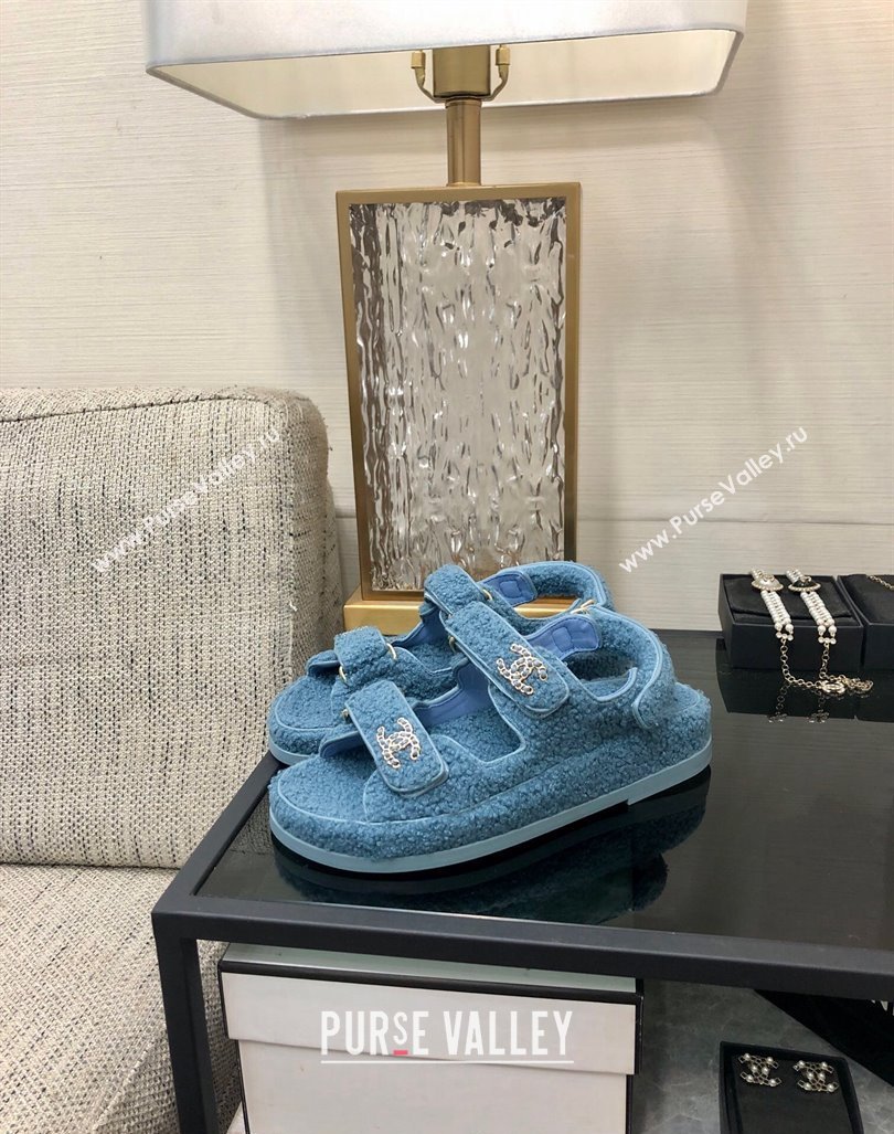 Chanel Fur Flat Strap Sandals with Chain CC Light Blue 2024 CH091009 (MD-240910044)