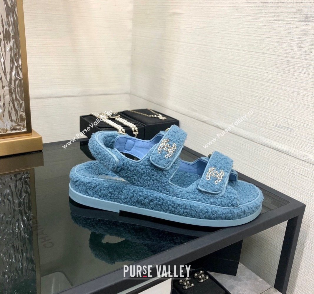 Chanel Fur Flat Strap Sandals with Chain CC Light Blue 2024 CH091009 (MD-240910044)