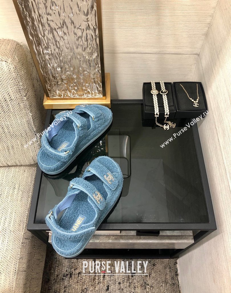 Chanel Fur Flat Strap Sandals with Chain CC Light Blue 2024 CH091009 (MD-240910044)