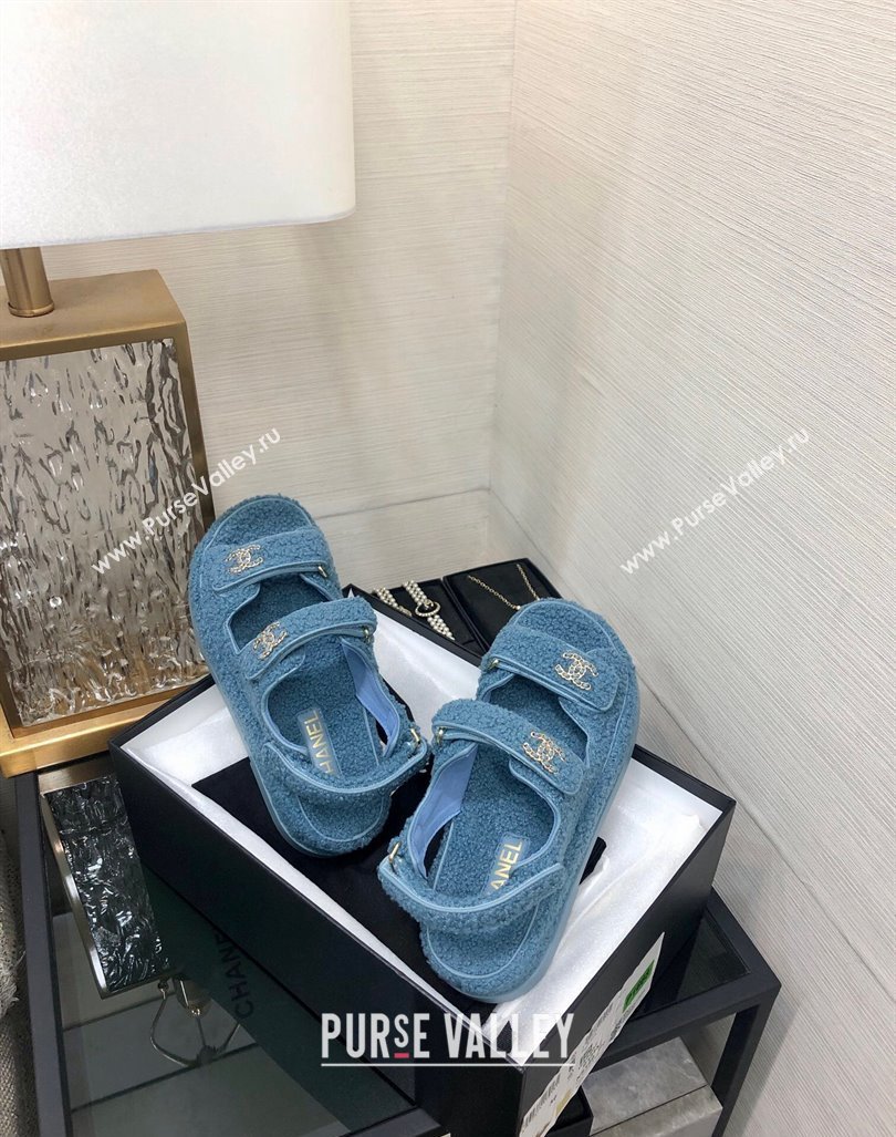 Chanel Fur Flat Strap Sandals with Chain CC Light Blue 2024 CH091009 (MD-240910044)