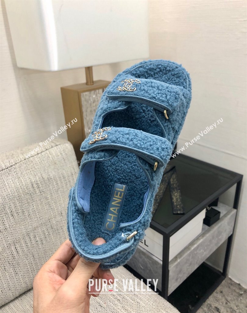 Chanel Fur Flat Strap Sandals with Chain CC Light Blue 2024 CH091009 (MD-240910044)