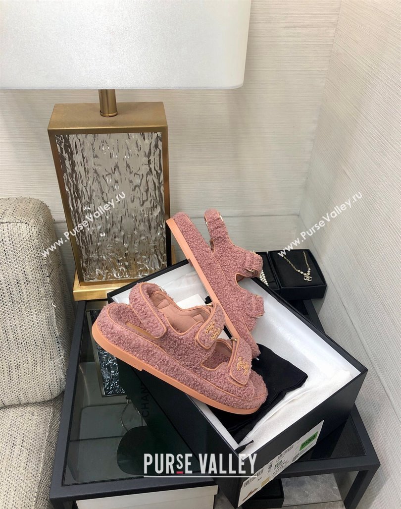 Chanel Fur Flat Strap Sandals with Chain CC Pink2 2024 CH091009 (MD-240910045)