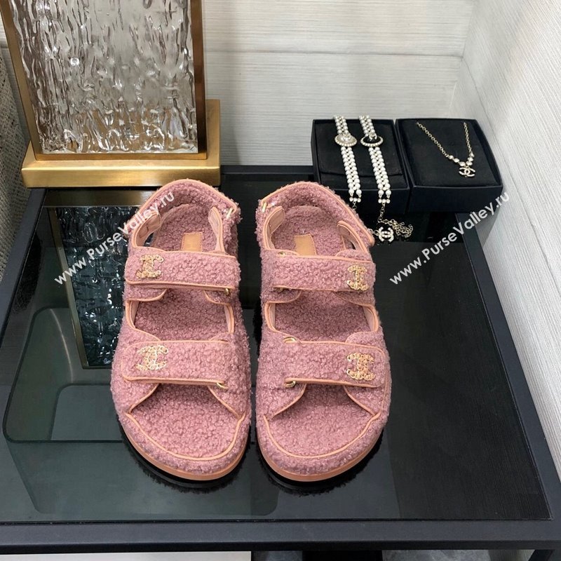 Chanel Fur Flat Strap Sandals with Chain CC Pink2 2024 CH091009 (MD-240910045)