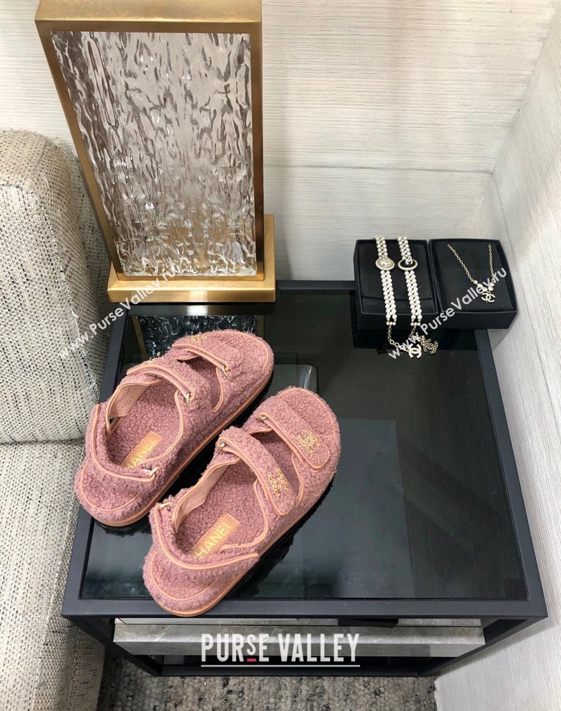 Chanel Fur Flat Strap Sandals with Chain CC Pink2 2024 CH091009 (MD-240910045)