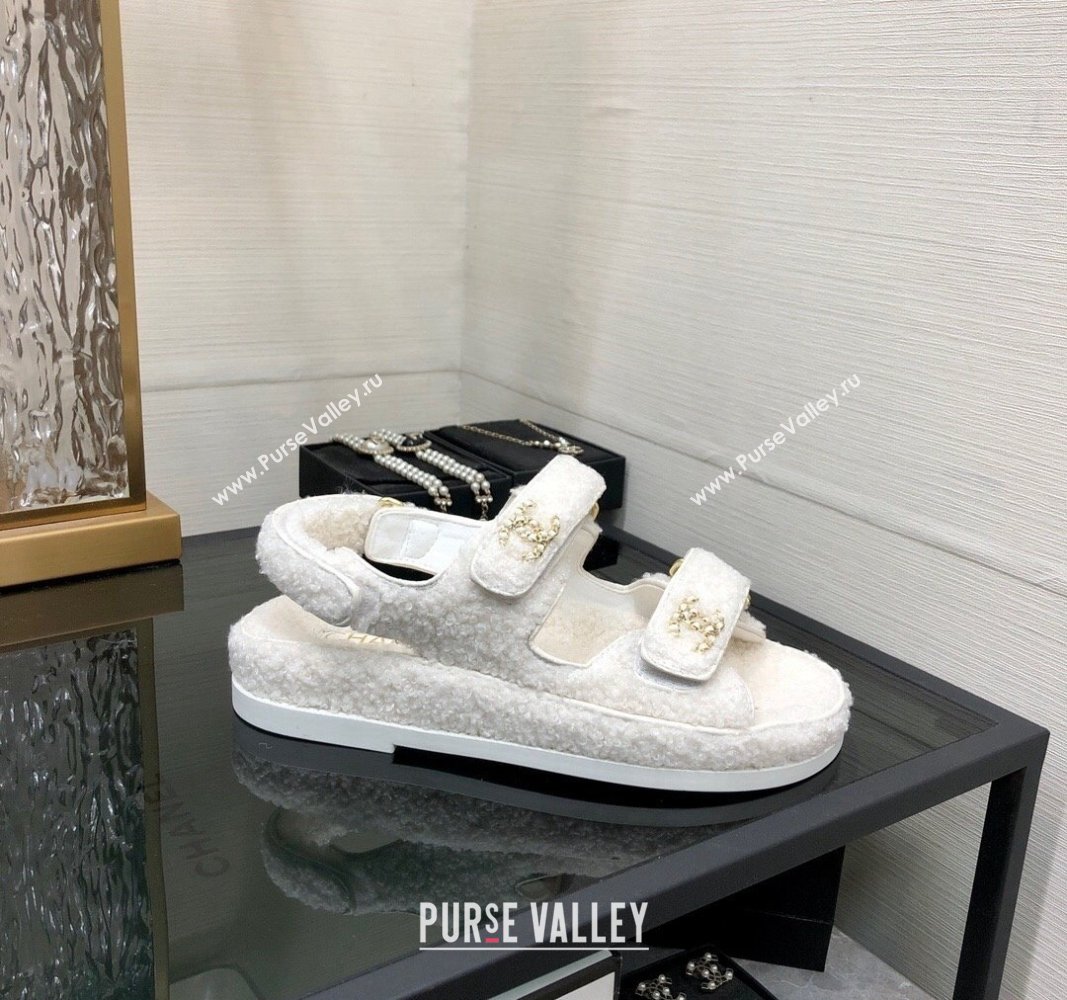 Chanel Fur Flat Strap Sandals with Chain CC White 2024 CH091009 (MD-240910047)