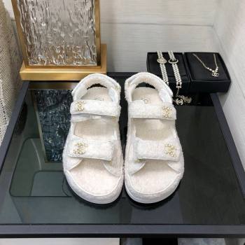 Chanel Fur Flat Strap Sandals with Chain CC White 2024 CH091009 (MD-240910047)