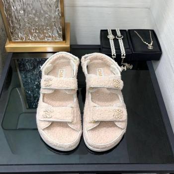 Chanel Fur Flat Strap Sandals with Chain CC Light Beige 2024 CH091009 (MD-240910048)