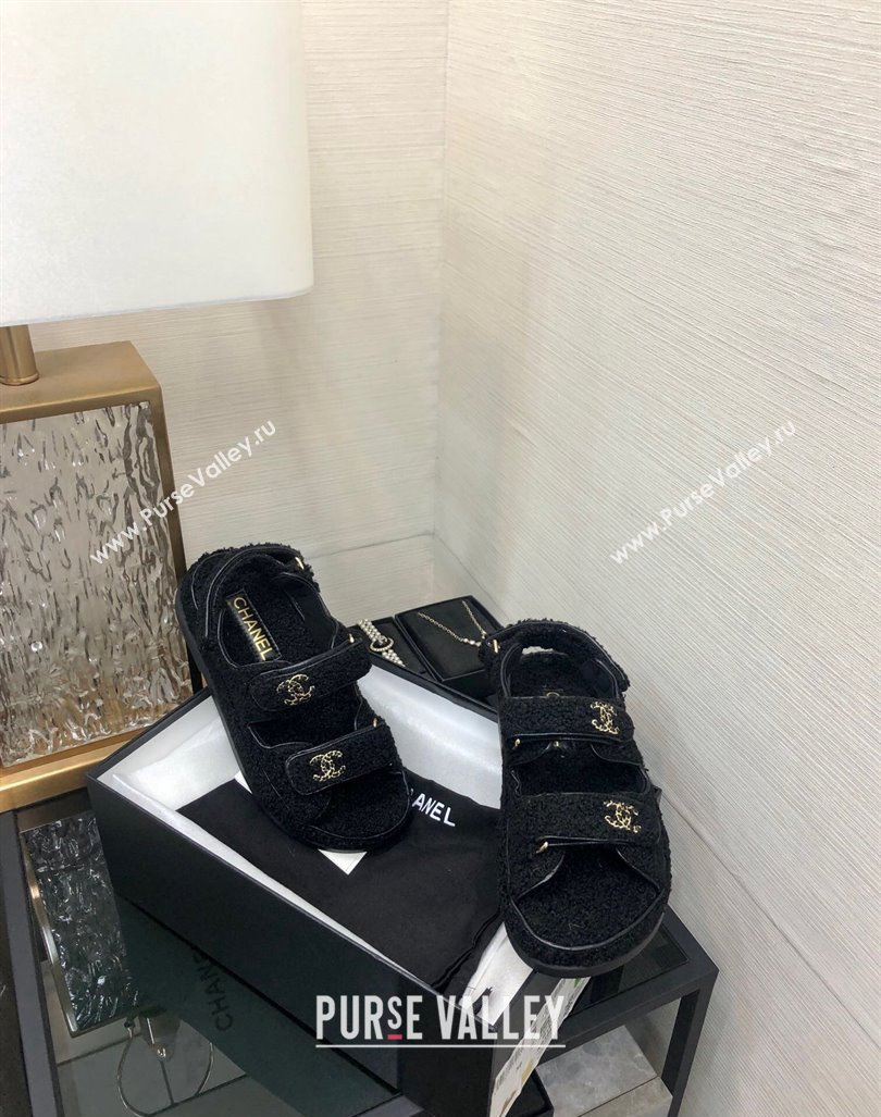 Chanel Fur Flat Strap Sandals with Chain CC Black 2024 CH091009 (MD-240910051)