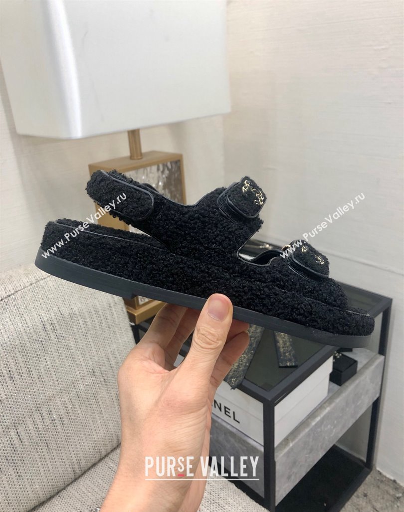 Chanel Fur Flat Strap Sandals with Chain CC Black 2024 CH091009 (MD-240910051)