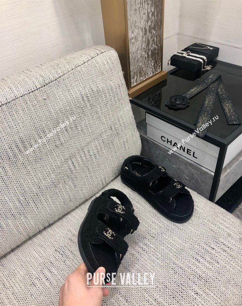 Chanel Fur Flat Strap Sandals with Chain CC Black 2024 CH091009 (MD-240910051)