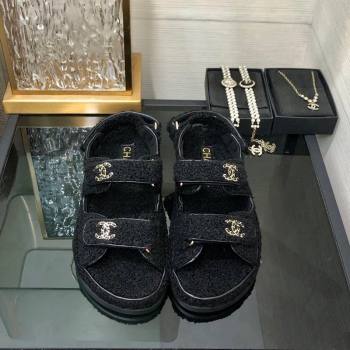 Chanel Fur Flat Strap Sandals with Chain CC Black 2024 CH091009 (MD-240910051)