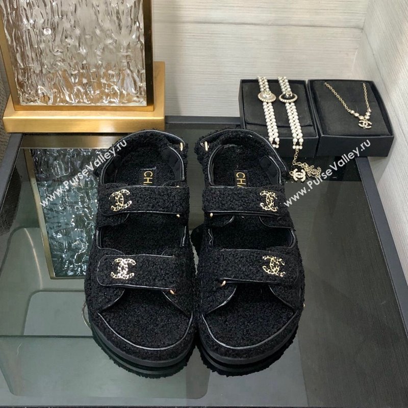 Chanel Fur Flat Strap Sandals with Chain CC Black 2024 CH091009 (MD-240910051)