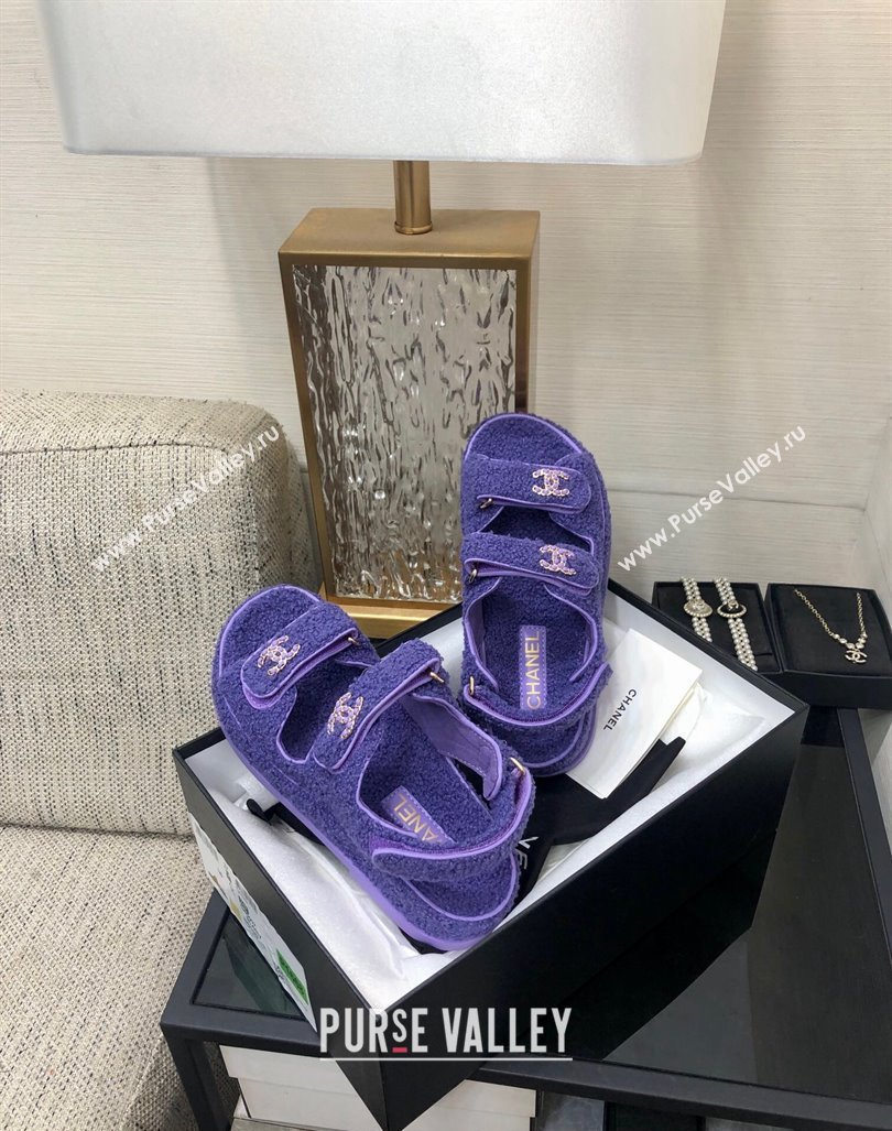 Chanel Fur Flat Strap Sandals with Chain CC Purple 2024 CH091009 (MD-240910052)