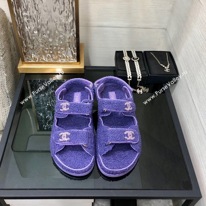 Chanel Fur Flat Strap Sandals with Chain CC Purple 2024 CH091009 (MD-240910052)