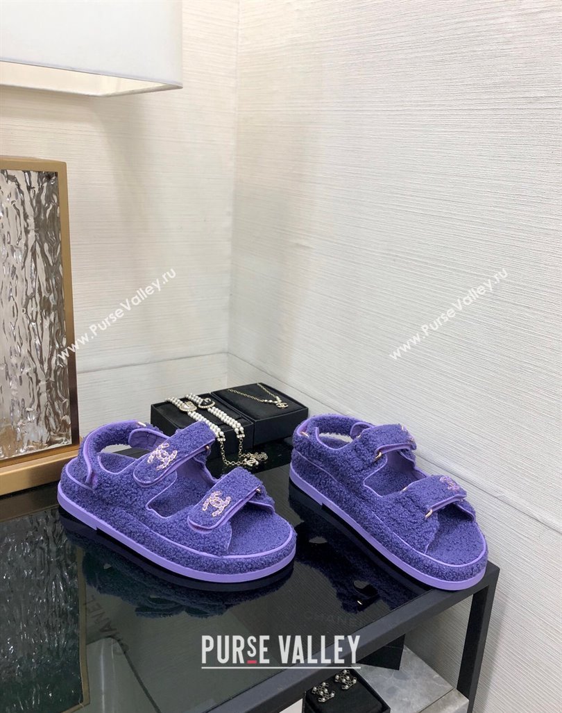 Chanel Fur Flat Strap Sandals with Chain CC Purple 2024 CH091009 (MD-240910052)