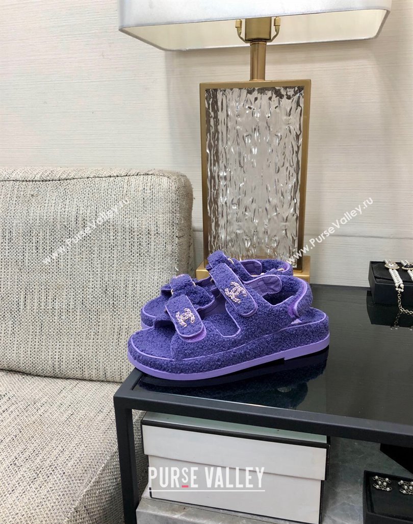 Chanel Fur Flat Strap Sandals with Chain CC Purple 2024 CH091009 (MD-240910052)