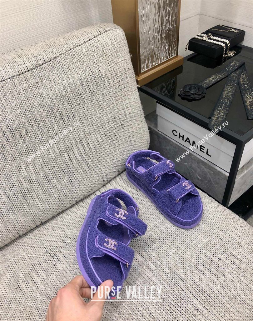 Chanel Fur Flat Strap Sandals with Chain CC Purple 2024 CH091009 (MD-240910052)