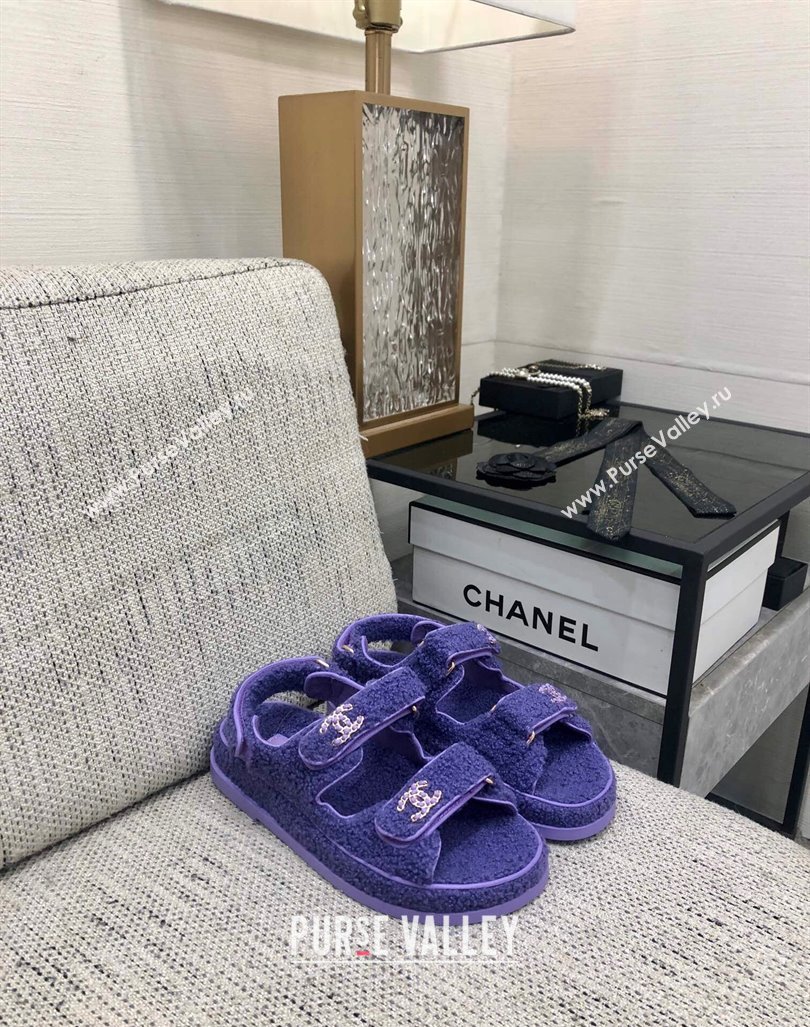 Chanel Fur Flat Strap Sandals with Chain CC Purple 2024 CH091009 (MD-240910052)