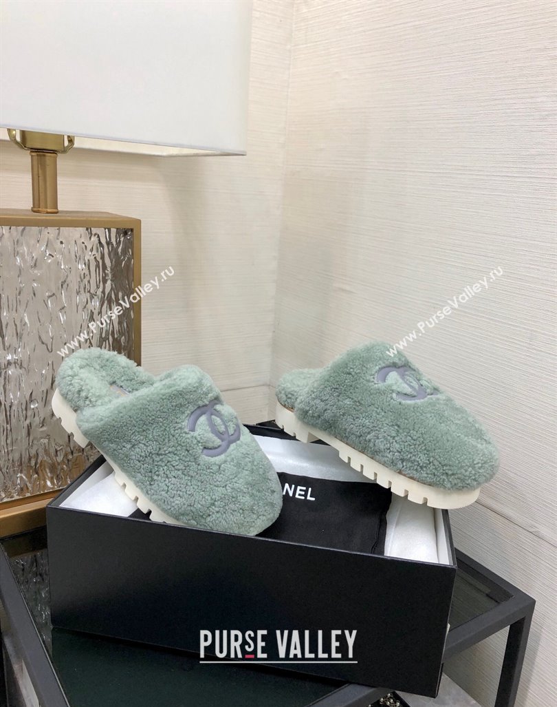 Chanel Wool Fur Platform Mules Dusty Green 2024 CH090909 (MD-240909129)