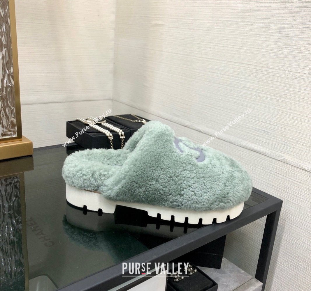 Chanel Wool Fur Platform Mules Dusty Green 2024 CH090909 (MD-240909129)