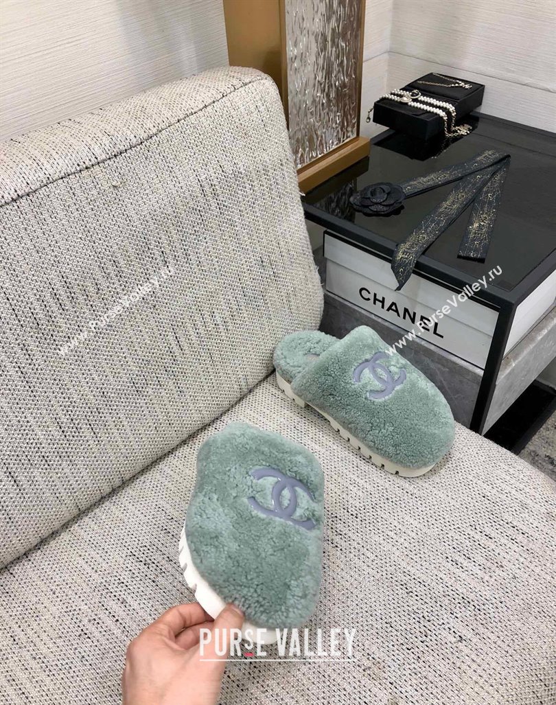 Chanel Wool Fur Platform Mules Dusty Green 2024 CH090909 (MD-240909129)