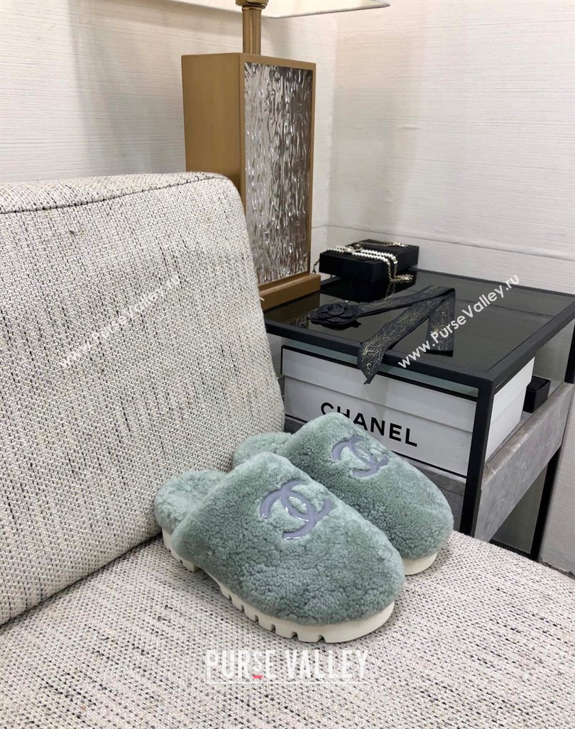 Chanel Wool Fur Platform Mules Dusty Green 2024 CH090909 (MD-240909129)