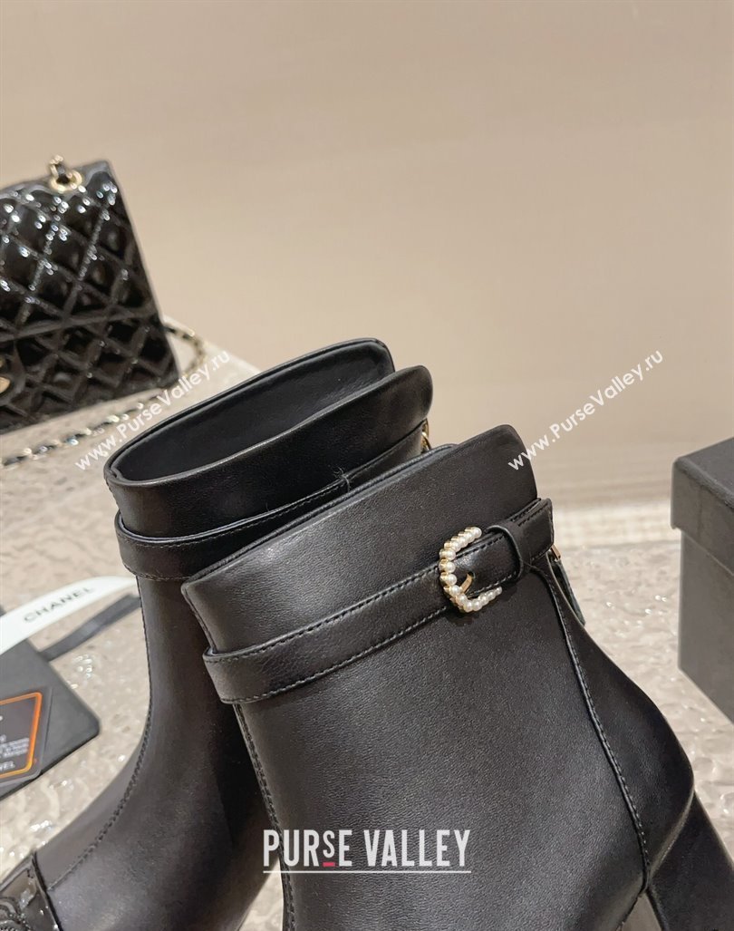 Chanel Calfskin Patent Heel Ankle Boots with Pearls Buckle Black 2024 CH090801 (MD-240909035)