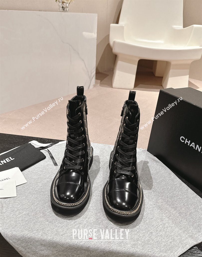 Chanel Patent Quilted Leather lace-up Ankle Boots with Logo Stud and Chain Black 2024 CH090904 (MD-240909060)