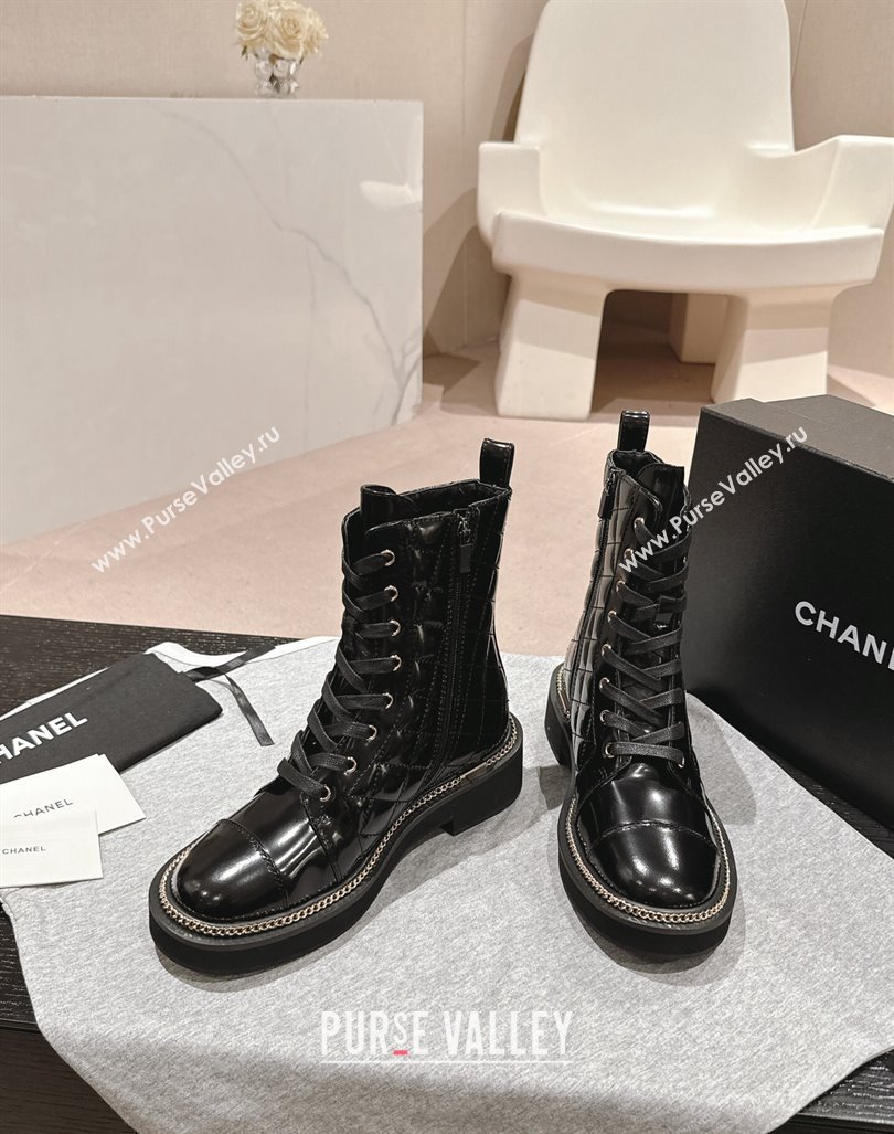 Chanel Patent Quilted Leather lace-up Ankle Boots with Logo Stud and Chain Black 2024 CH090904 (MD-240909060)