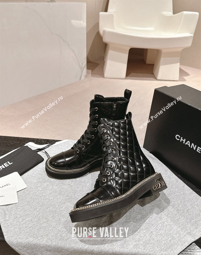 Chanel Patent Quilted Leather lace-up Ankle Boots with Logo Stud and Chain Black 2024 CH090904 (MD-240909060)