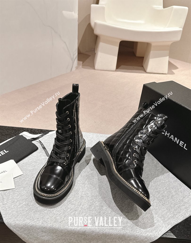 Chanel Patent Quilted Leather lace-up Ankle Boots with Logo Stud and Chain Black 2024 CH090904 (MD-240909060)