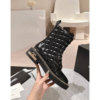 Chanel Patent Quilted Leather lace-up Ankle Boots with Logo Stud and Chain Black 2024 CH090904 (MD-240909060)