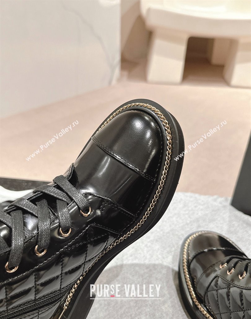 Chanel Patent Quilted Leather lace-up Ankle Boots with Logo Stud and Chain Black 2024 CH090904 (MD-240909060)