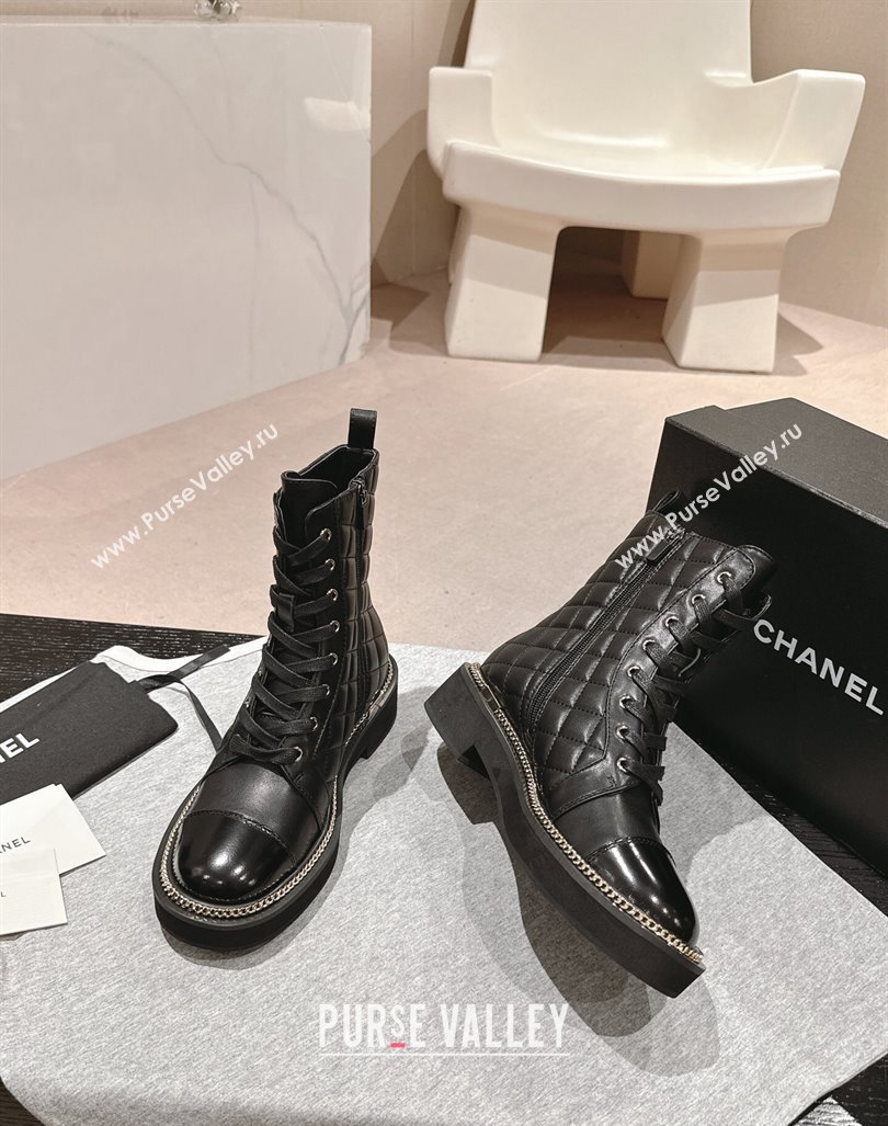 Chanel Quilted Calfskin lace-up Ankle Boots with Logo Stud and Chain Black 2024 CH090904 (MD-240909061)