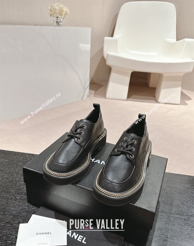 Chanel Quilted Calfskin Lace-up Shoes with Logo Stud and Chain Black 2024 CH090904 (MD-240909069)