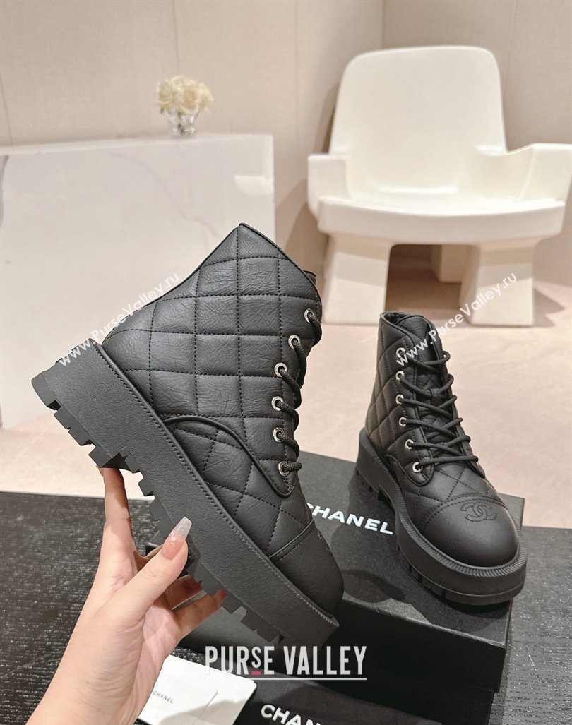 Chanel Quilted Aged Calfskin Lace-up Platform Ankle Boots Black 2024 CH090905 (MD-240909072)