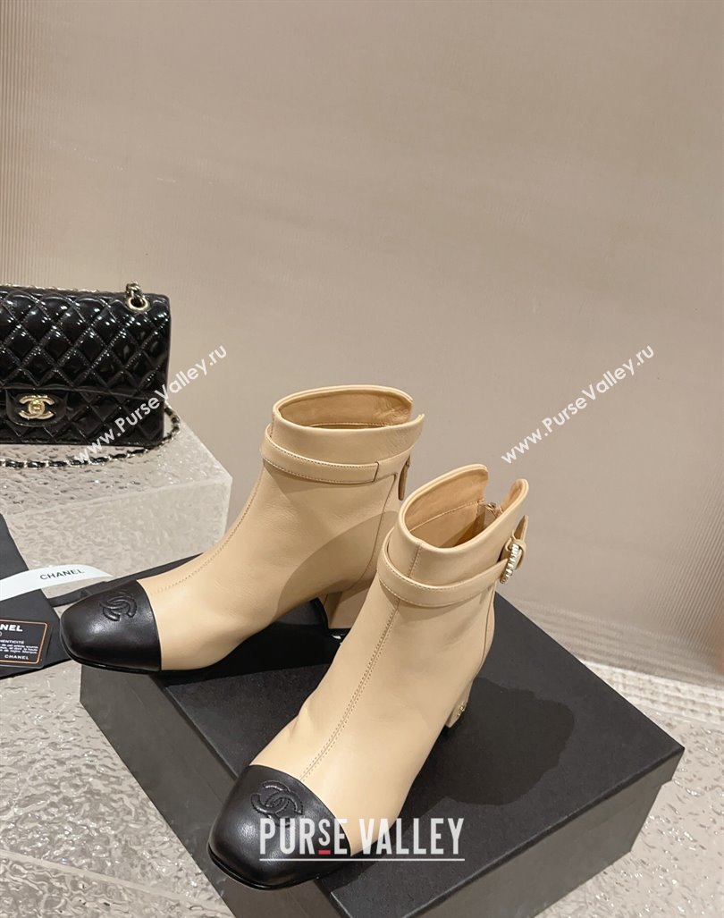 Chanel Calfskin Heel Ankle Boots with Pearls Buckle Beige 2024 CH090801 (MD-240909037)