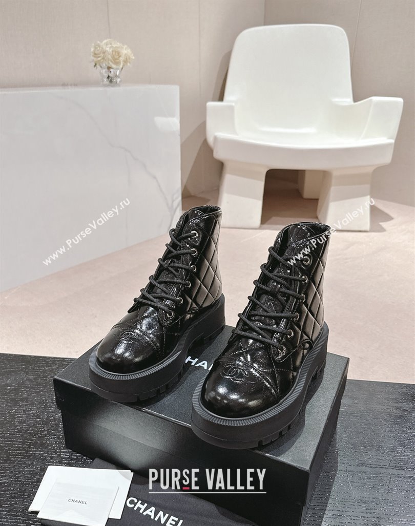 Chanel Patent Quilted Calfskin Lace-up Platform Ankle Boots Black 2024 CH090905 (MD-240909074)