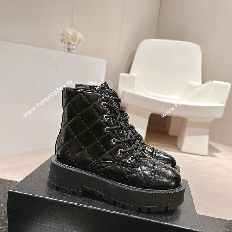 Chanel Patent Quilted Calfskin Lace-up Platform Ankle Boots Black 2024 CH090905 (MD-240909074)