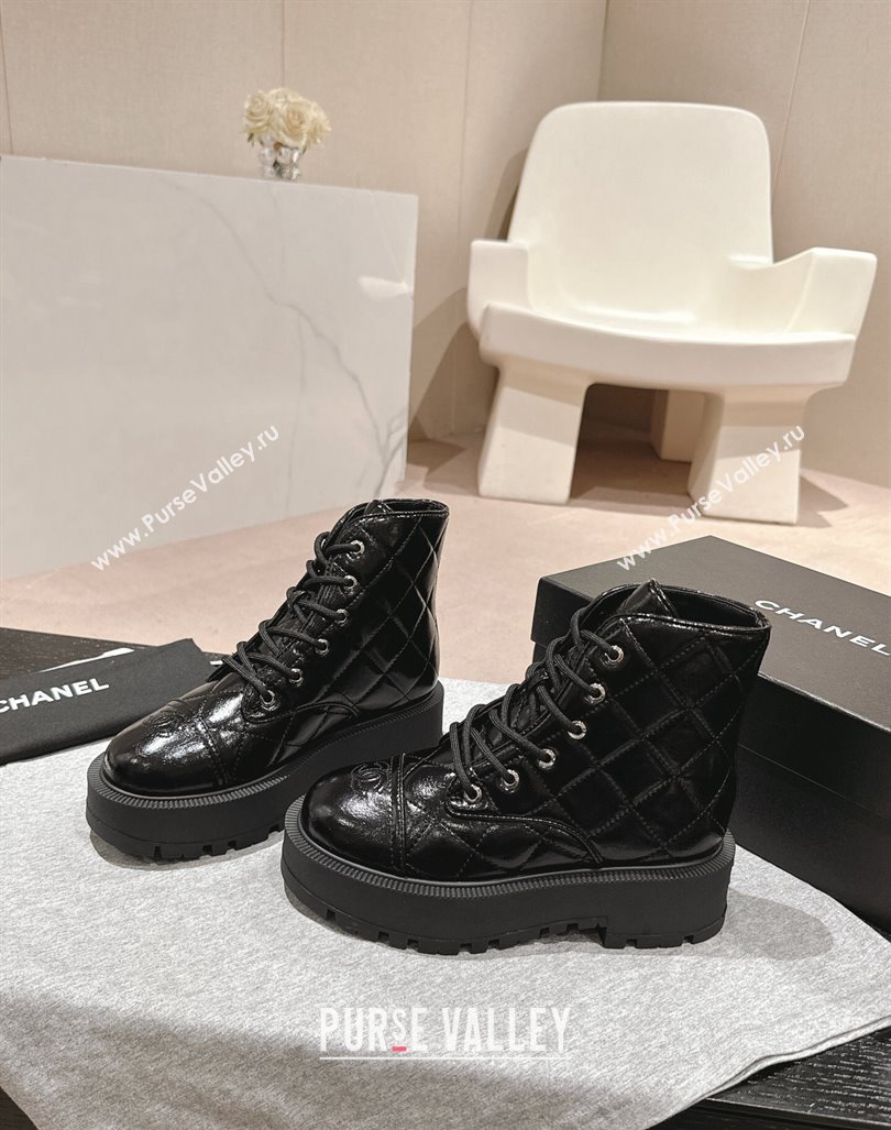 Chanel Patent Quilted Calfskin Lace-up Platform Ankle Boots Black 2024 CH090905 (MD-240909074)