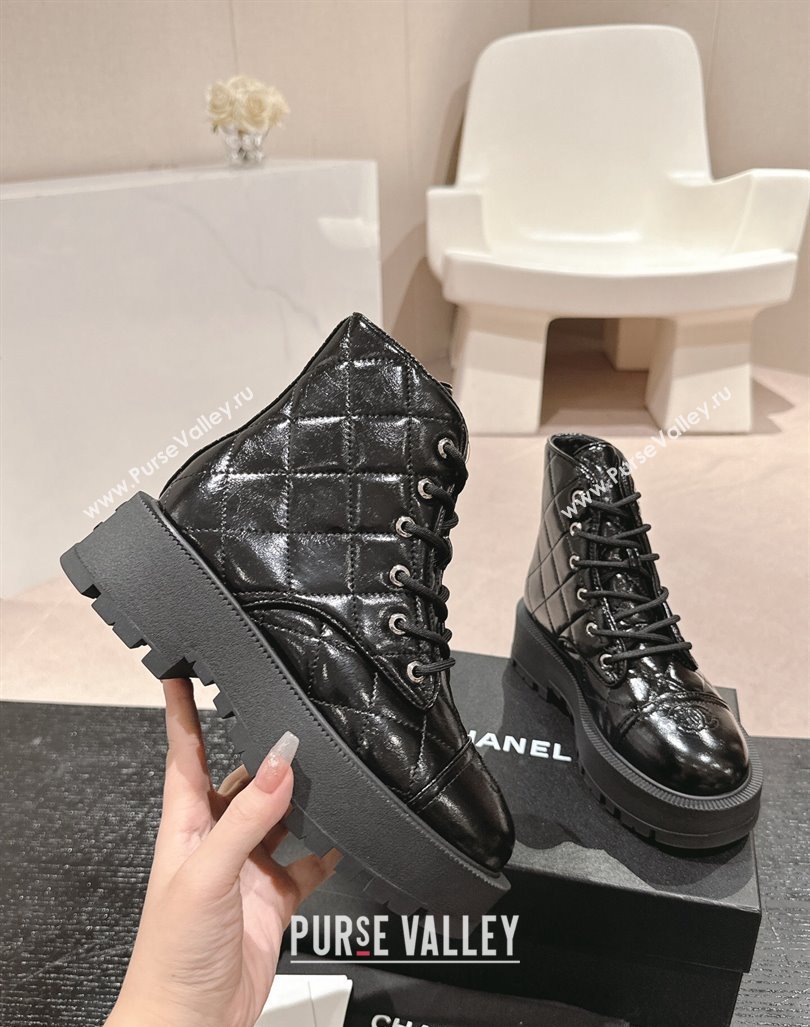 Chanel Patent Quilted Calfskin Lace-up Platform Ankle Boots Black 2024 CH090905 (MD-240909074)