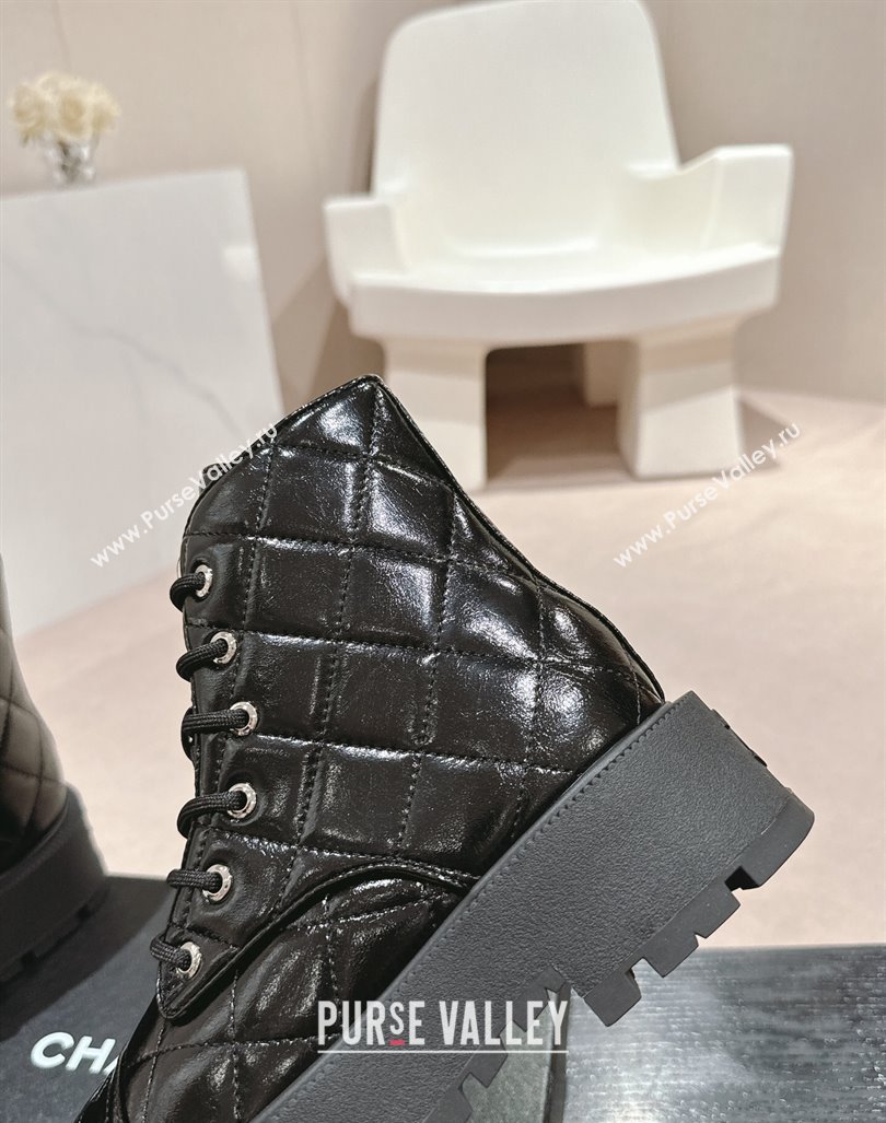 Chanel Patent Quilted Calfskin Lace-up Platform Ankle Boots Black 2024 CH090905 (MD-240909074)