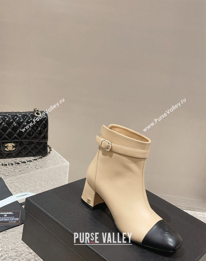 Chanel Calfskin Heel Ankle Boots with Pearls Buckle Beige 2024 CH090801 (MD-240909037)