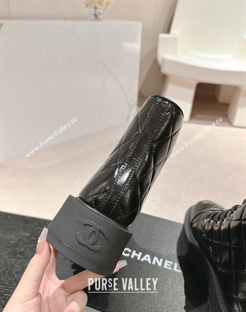 Chanel Patent Quilted Calfskin Lace-up Platform Ankle Boots Black 2024 CH090905 (MD-240909074)