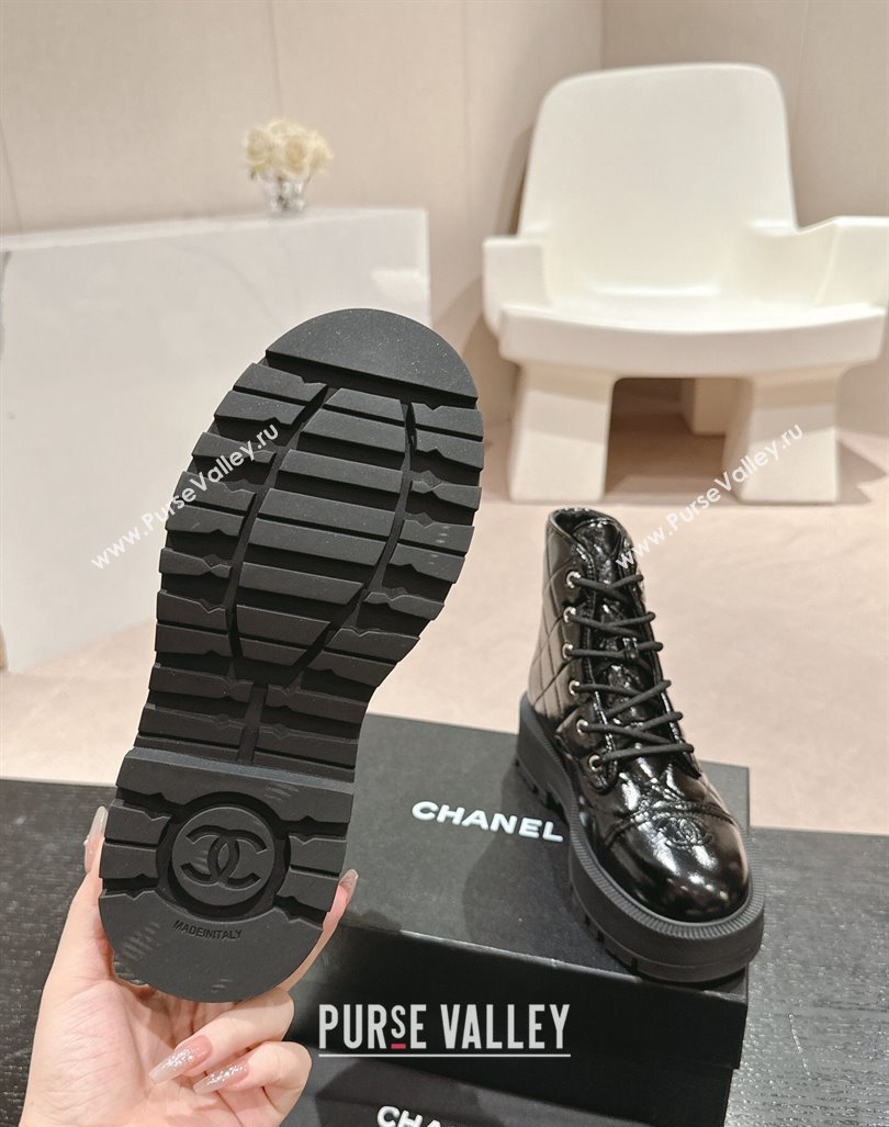 Chanel Patent Quilted Calfskin Lace-up Platform Ankle Boots Black 2024 CH090905 (MD-240909074)