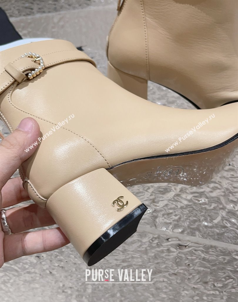 Chanel Calfskin Heel Ankle Boots with Pearls Buckle Beige 2024 CH090801 (MD-240909037)