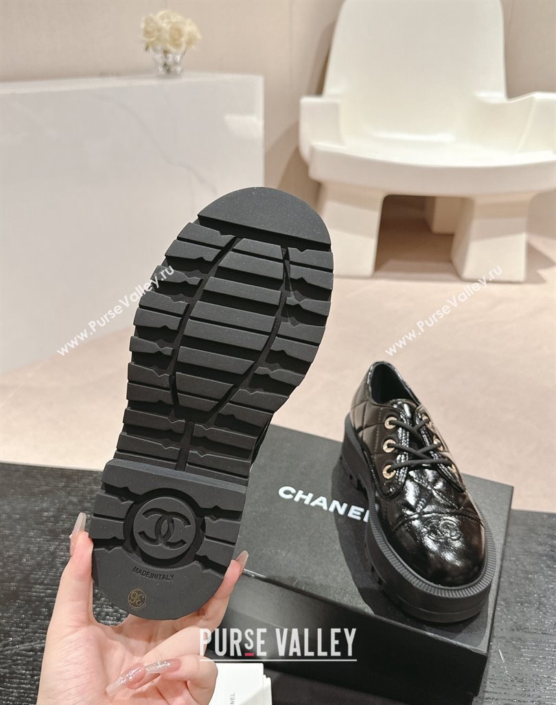 Chanel Quilted Patent Calfskin Lace-up Shoes Black 2024 CH090905 (MD-240909078)