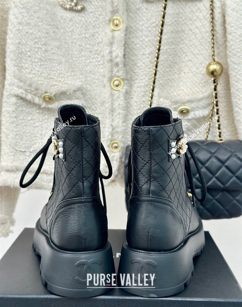 Chanel Quilted Calfskin Lace-up Platform Ankle Boots with Pearls CC Patch Black 2024 (MD-240909090)